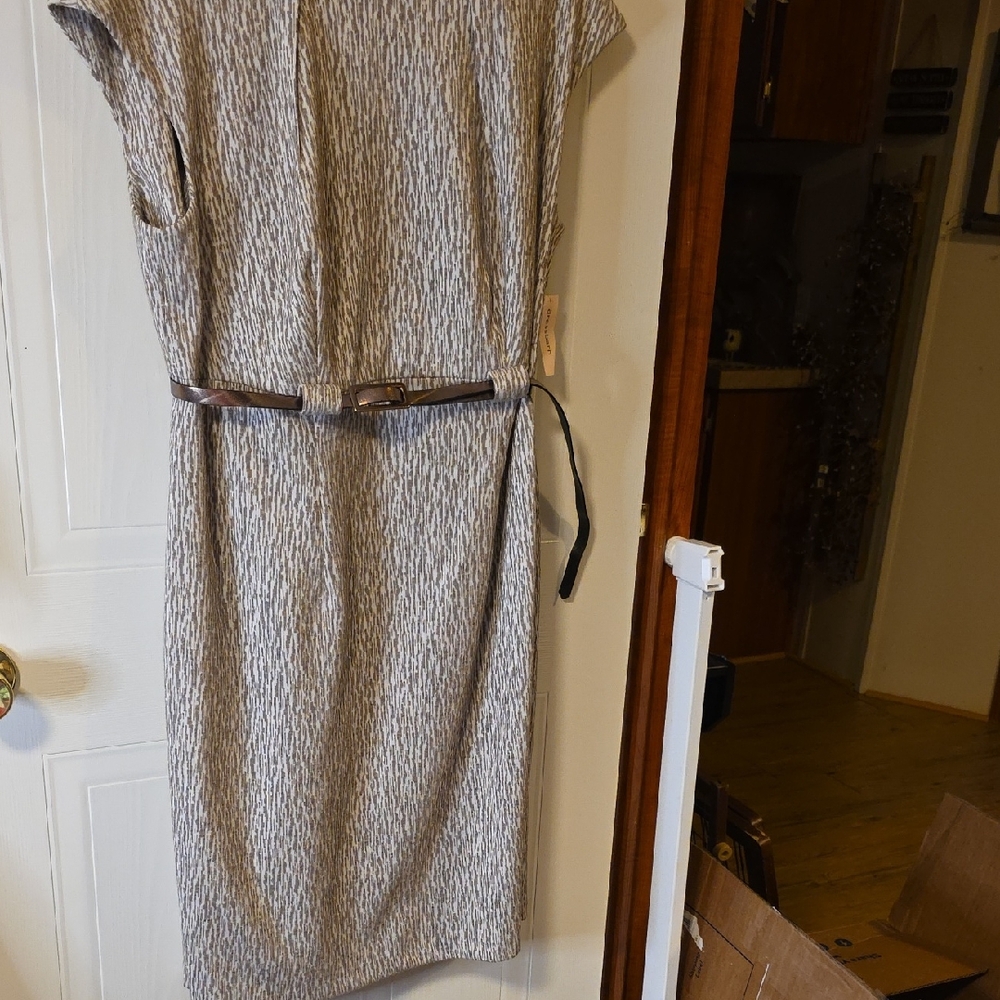 Elegant Tan And Cream Belted Dress
